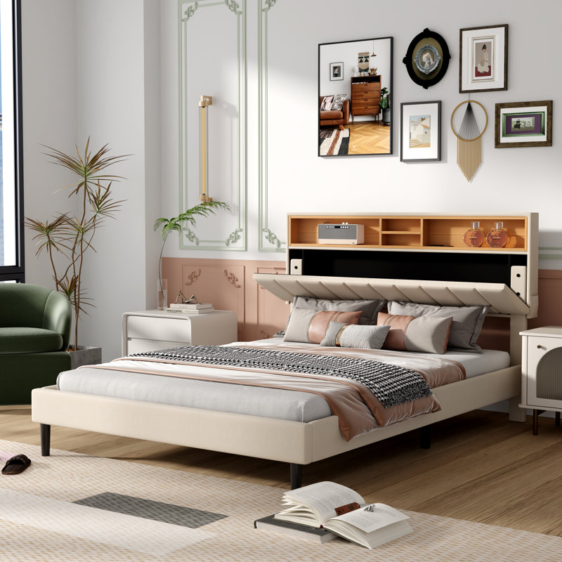 Lit plateforme tapissier Pannu, Double, Beige