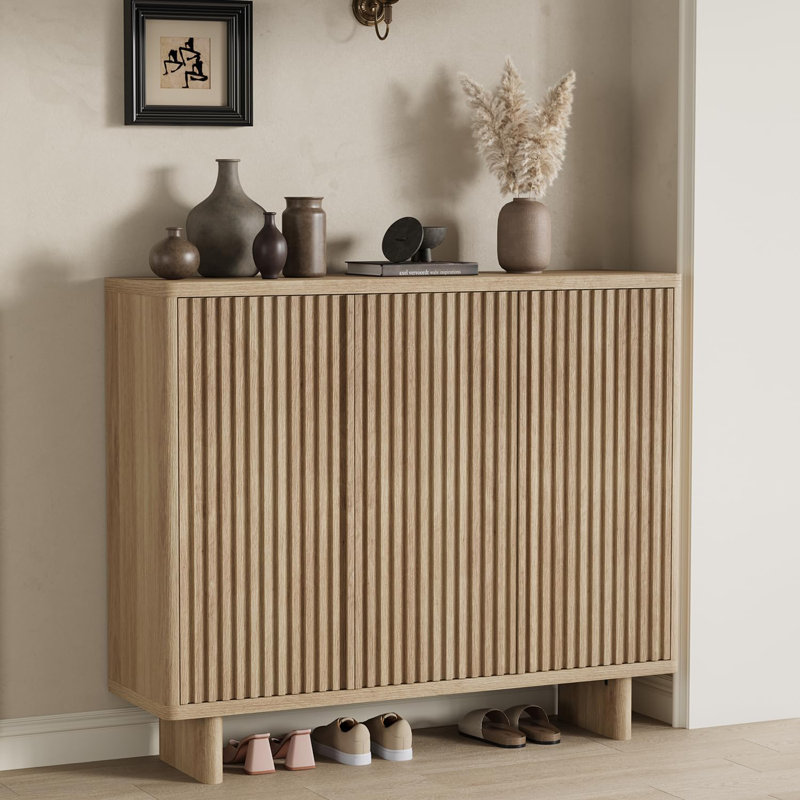 46" Fluted Door Shoe Cabinet, 5-Tier Entryway Shoe Storage with Adjustable Shelves, Natrual
