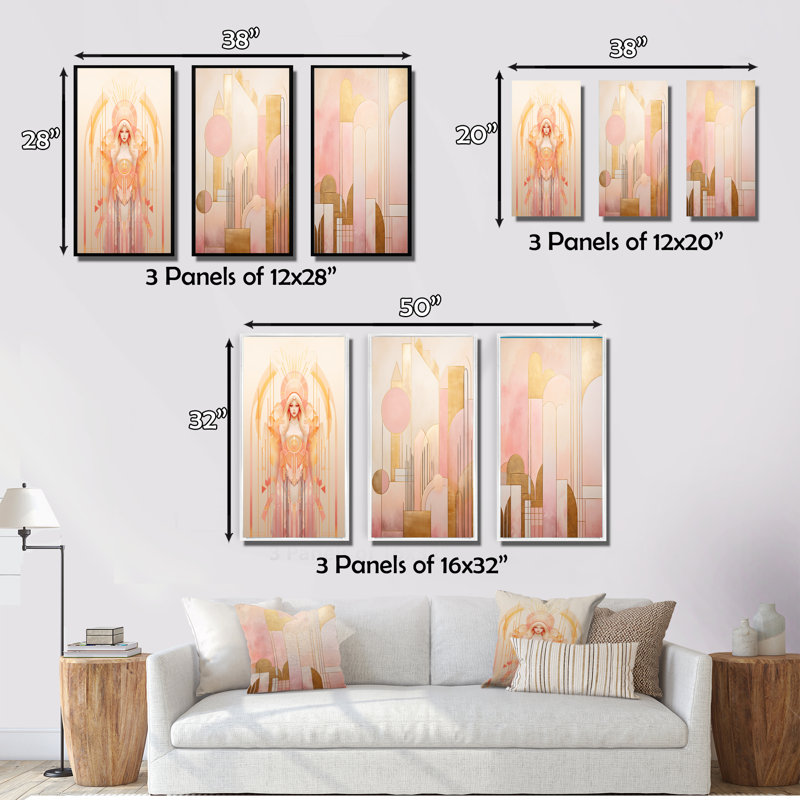 «Ethereal Goddess Of Harmony In Retro Pink Pastel», 3 pièces sur toile, Cadre flottant doré, H 40 po x l 60 po