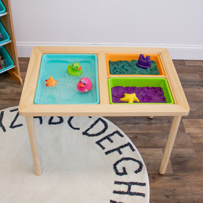 Isabelle & Max™ Interactive Toddler Sensory Play Table With 3 Multicolor Storage Bins And Cover, Solid Wood Construction, For Slime, Sand, Kinetic Sand, Water, Hands-On Learning, Natural/Blue/Green/Orange