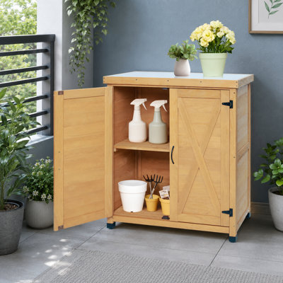 Armoire de rangement d'extérieur en bois massif avec plateau en métal, pieds réglables et portes doubles magnétiques