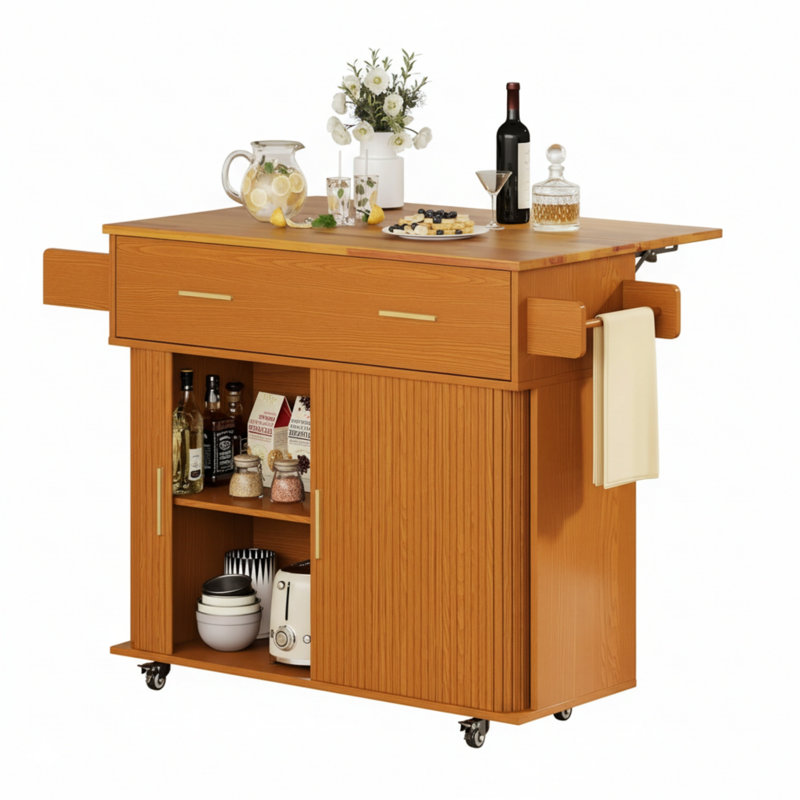 Chariot pour îlot de cuisine cannelé 39,4 pouces avec roulettes, comptoir pliable, armoire de rangement à porte coulissante, tiroirs et étagère ouverte à 2 niveaux pour la salle à manger de cuisine