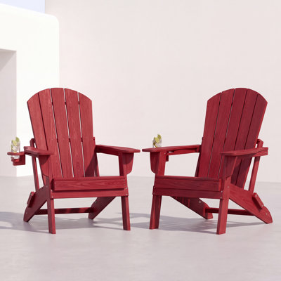 Ensemble de 2 chaises Adirondack pliantes, texture bois, porte-gobelet, PEHD toutes saisons