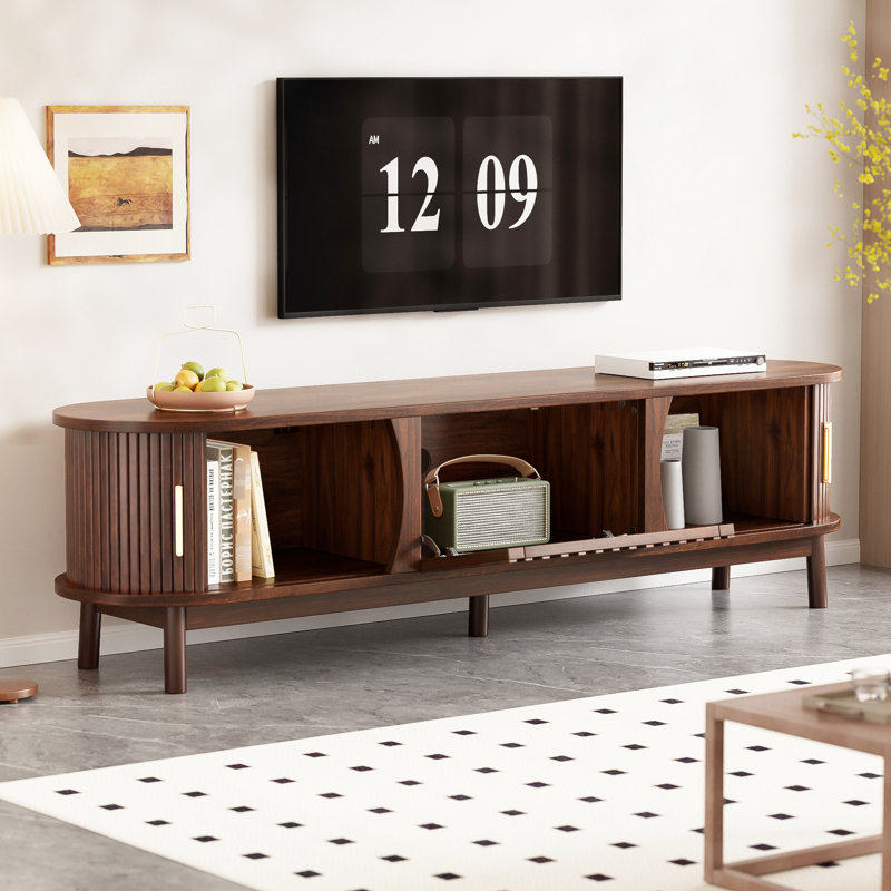 Meuble télé de 75 po, plateau de table lisse, compartiments multifonctionnels et adaptable à toute console intérieure, fabrication en bois de pin, portes coulissantes, rangement pratique