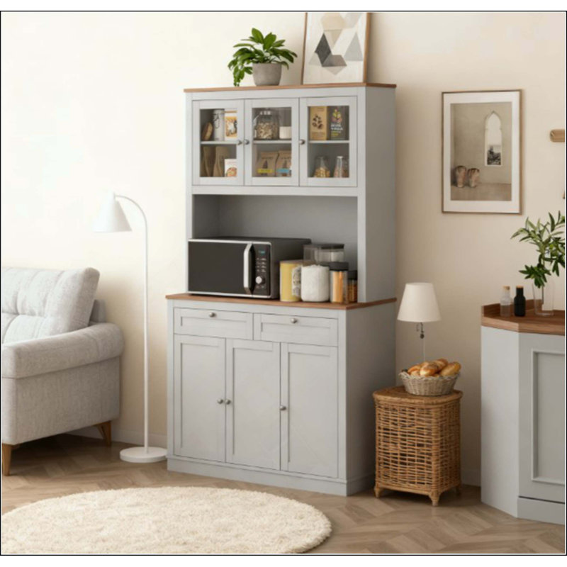 Armoire de cuisine pratique avec support pour micro-ondes, huche de cuisine avec tiroirs et tablettes réglables, Gris / Chêne