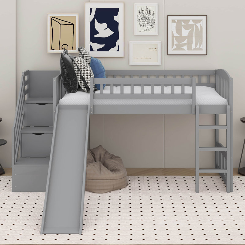 Lit mezzanine simple avec glissière Stairway, Gris
