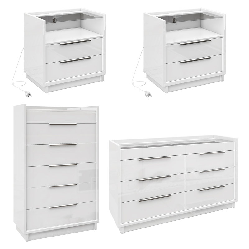 4 Piece High Gloss Bedroom Furniture Set - 4 Drawer Chest of Drawer, Wardrobe & 2x Bedside Table Cabinets Modern Bedroom Storage (White, One Size)