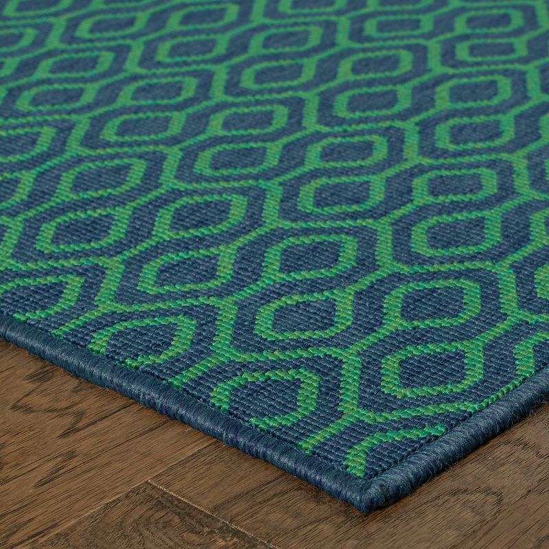 Navy and Green Geometric Stain-Resistant Synthetic Runner Rug