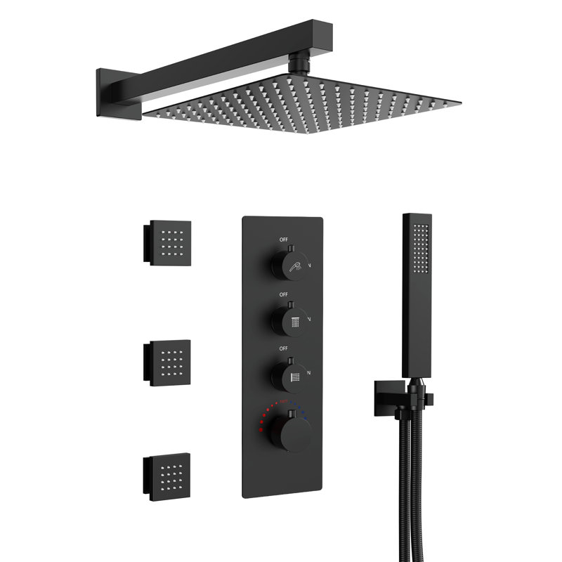 Système de douche thermostatique 12 po avec douche à main et 3 jets pour le corps Relaxajet , Noir mat