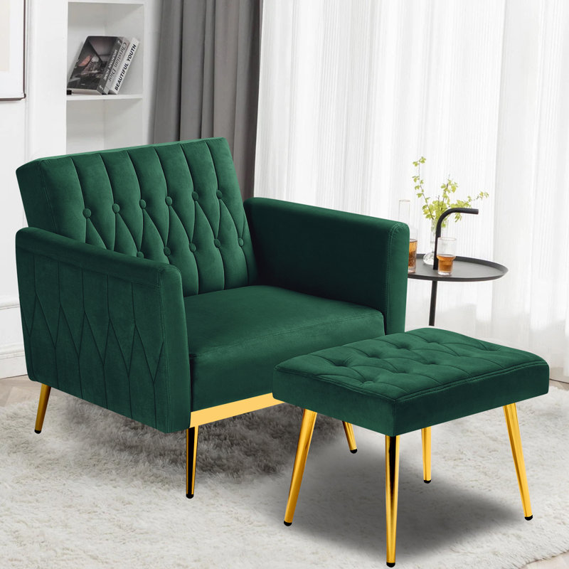 Siemon Velvet Accent Chair with Ottoman, Dark Green Velvet