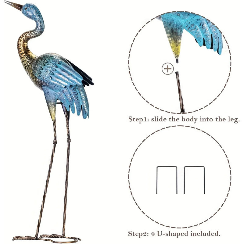 House Of Avana 2Pc Blue Gold Metal Crane Garden Statue Set