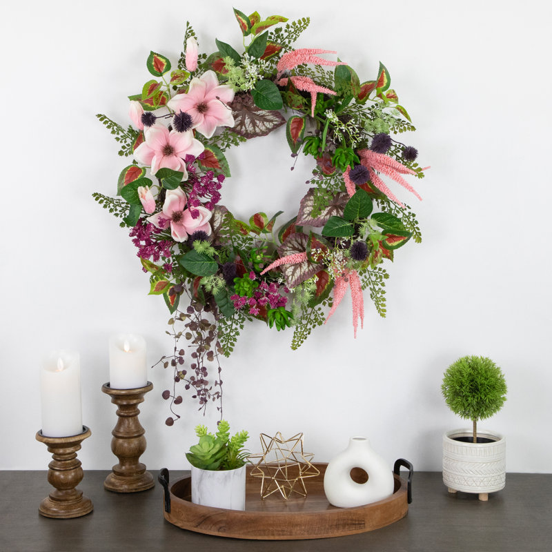 24-Inch Pink and Purple Artificial Spring Floral Wreath with Grapevine Base