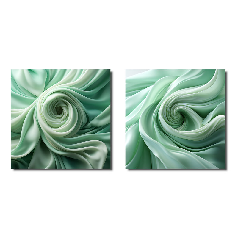 Green Soft Fractal Spirals I - Ensemble de 2 décorations murales spirales abstraites, Toile tendue