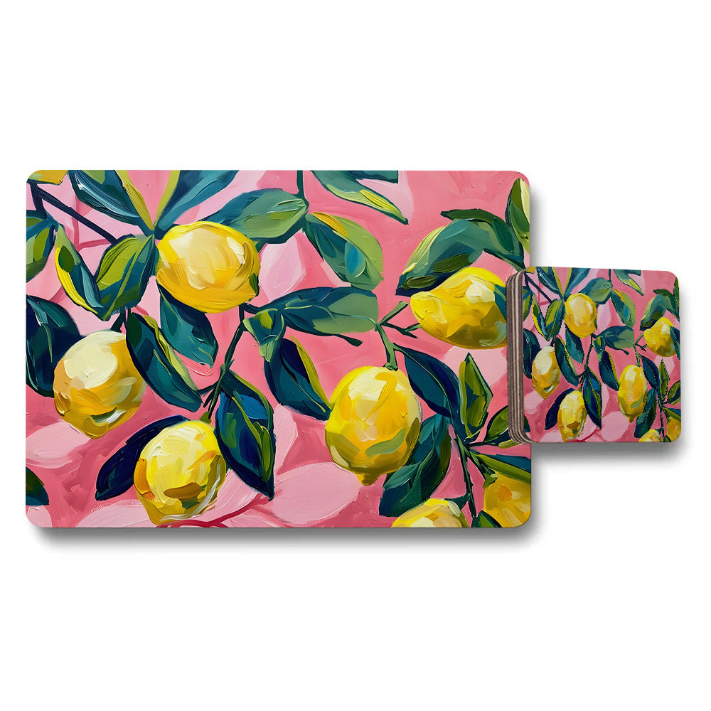 Lemon Blossom Placemats and Coaster Set Pink Background
