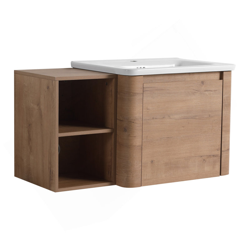 Meuble-lavabo mural 36 po avec lavabo en céramique blanche et tablettes de rangement et 1 porte à fermeture en douceur, emballage KD, contreplaqué