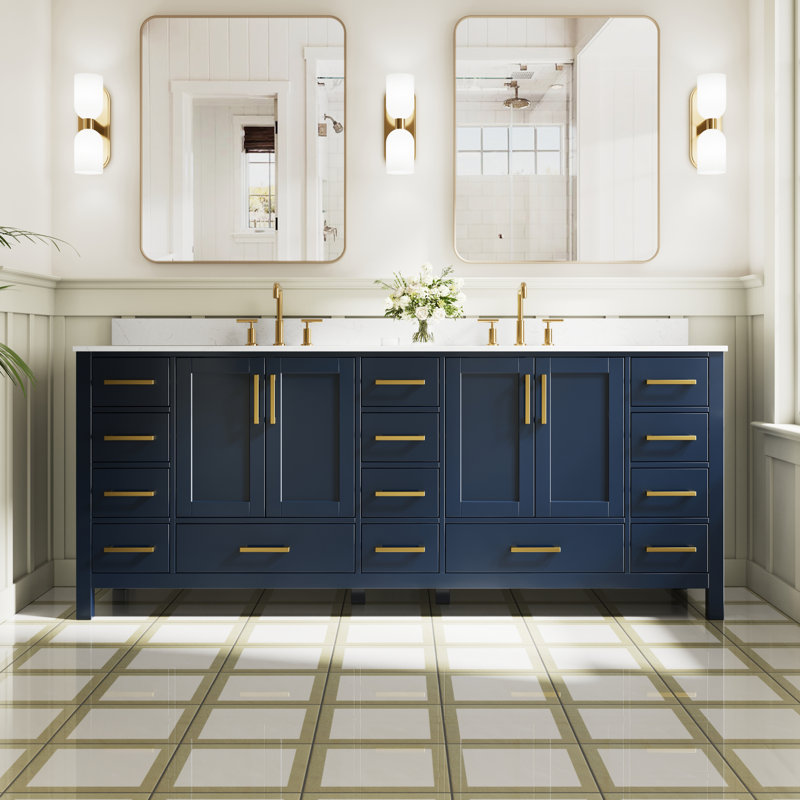 Meuble-lavabo autoportant en bois massif l 84 po x H 35 po avec comptoir en marbre de culture blanc de Carrare et double lavabo en céramique, bleu marine