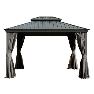 Pavillon de jardin à toit rigide 10 pi x 12 pi, pavillon en métal amélioré avec système de drainage, toit en acier galvanisé à double couche, rideau et filet, auvent d'abri extérieur pour patio, jardin et cour arrière