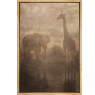 Soft Safari Silhouettes of Elephant and Giraffe Framed Canvas Master Bedroom Wall Art Work Print