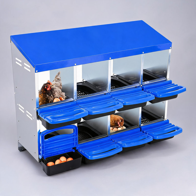 Boîte de nidification pour poulets, boîte à œufs roulante à 8 trous avec couvercle, conception robuste en acier galvanisé antirouille - collection Easy Egg, facile à nettoyer (fixation murale sans support, bleu)