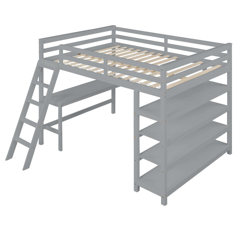 Lit mezzanine avec bureau, échelle, tablettes , Gris, Double