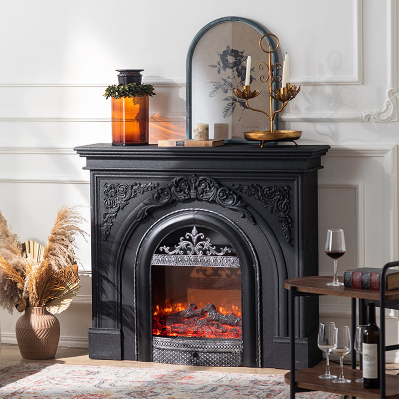 French retro solid wood birdcage fireproof decorative fireplace, Black