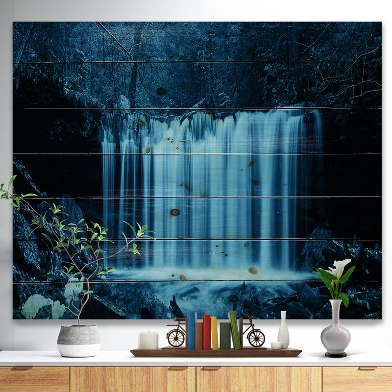 Chutes d'eau en bois noir et blanc - impression de paysage, H 15 po x l 20 po x p 1 po, Bois