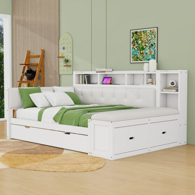 Full Size Upholstered Daybed with Trundle, Charging Station and Drawers