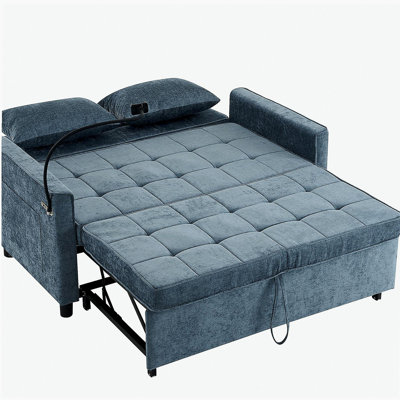 Canapé-lit double de 56,9 pouces, coussin de dossier réversible avec poches latérales, deux ports USB et un support pour téléphone, bleu.