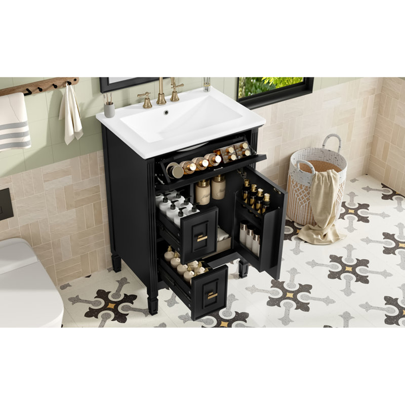 Modern Black Bathroom Vanity With Sink, Solid Wood And Mdf, Space-saving Design