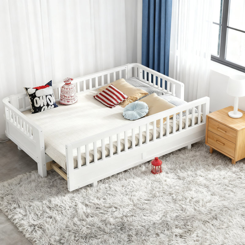 Lit plateforme simple TG avec garde-corps, structure de lit simple TG en bois massif, peut être converti en lit plateforme grand, blanc