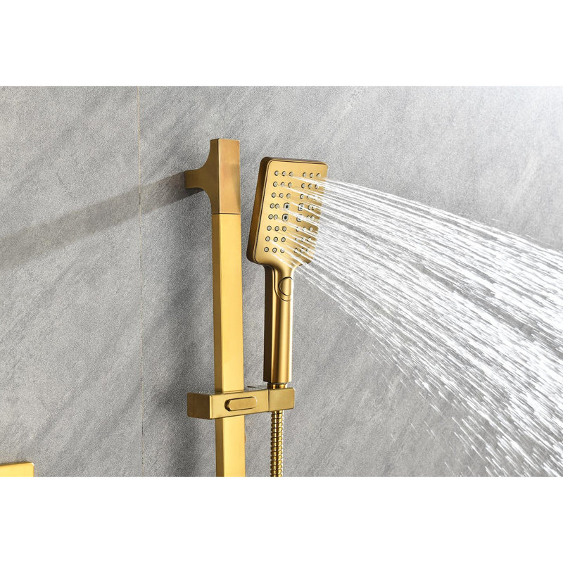 Luxury Shower System With Elegant Head, Hand Shower, And Valve Trim In Brushed Gold Finish Slide Bar For Bathroom, Gold