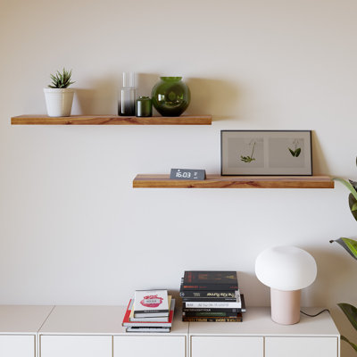 Ensemble de 2 tablettes flottantes en bois d'acacia de 36 po avec supports métalliques cachés, fixation murale incluse