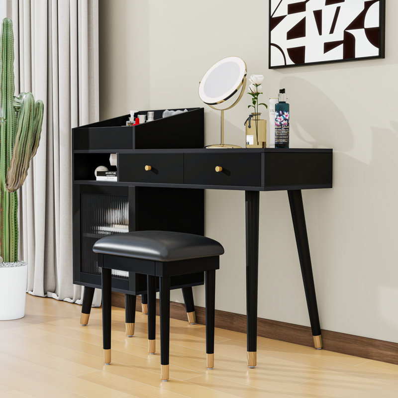 Makeup Vanity Desk with Drawers, Adjustable Shelves, Charging Port and Cushioned Stool, Black
