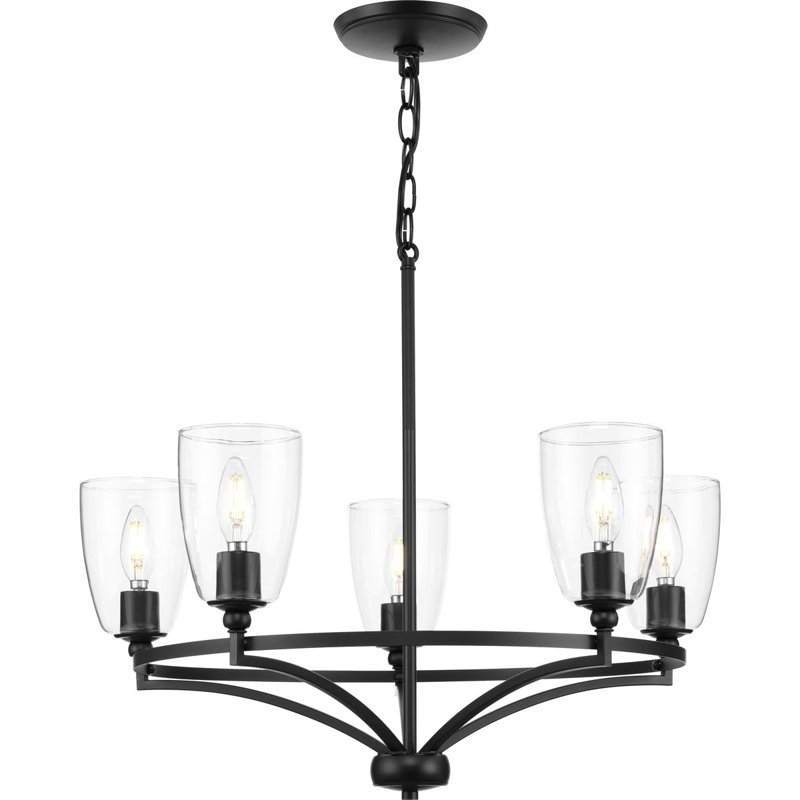 Lustre traditionnel 5 lumières en verre transparent, Noir mat