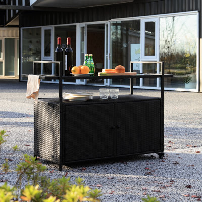 Chariot de service pour boissons - noir, avec roues et plateau en verre pour patio, jardin, bar près de la piscine