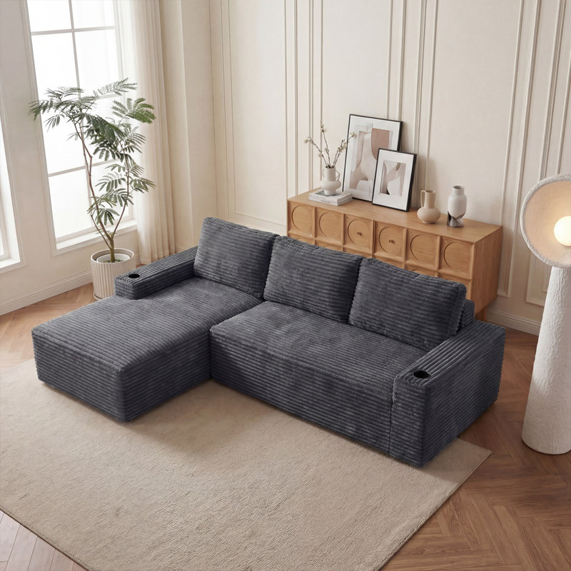 Boneless 104''W Cloud Modern Modular L-Shaped Sofa , Compressed Corduroy Upholstered Boneless Sofa Couches With Chaise And Cup Holder