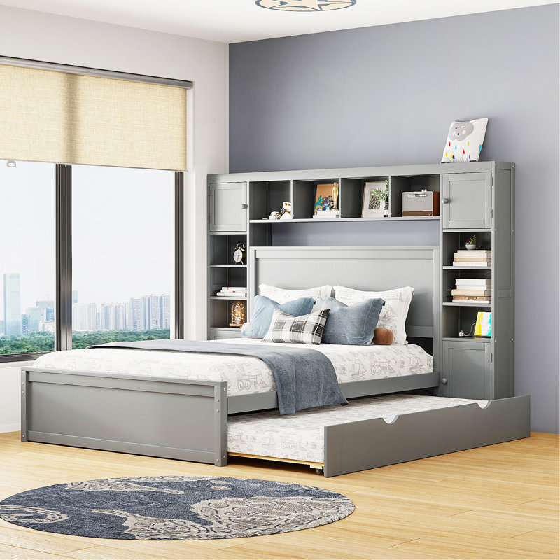 Queen Size Wooden Bed With All-In-One Cabinet, Shelf And Sockets,Twin XL Trundle, Gray, Gray, Queen