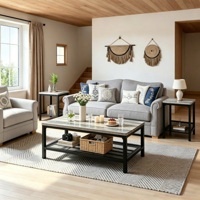 Ensemble de 3 tables basses Modern Farmhouse, table basse rectangulaire avec 2 tables de bout carrées, ensemble de table de salon à 2 niveaux avec structure en métal et tablette ouverte pour le bureau, l’appartement, la maison