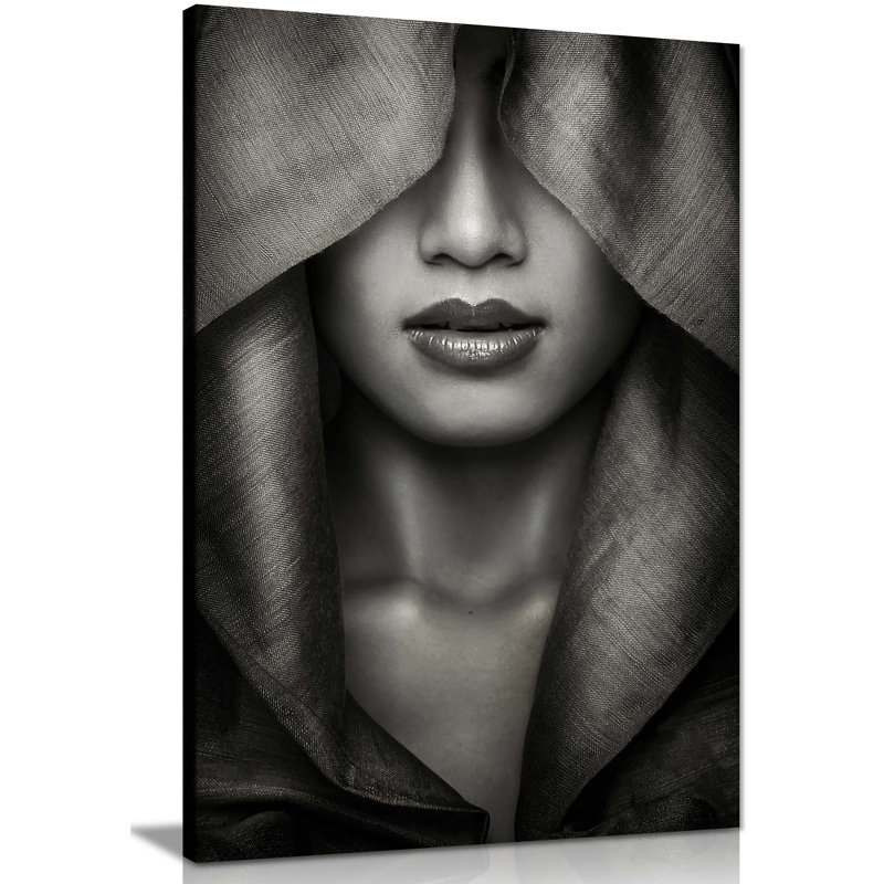 Panther Print Fine Art Prints Black & White Woman Face Covered On Scarf Portrait Artistic Framed Canvas Prints, Pictures For Home Walls, Bedroom, Living Room & Bathroom Decor - Wrapped Canvas Art Prints