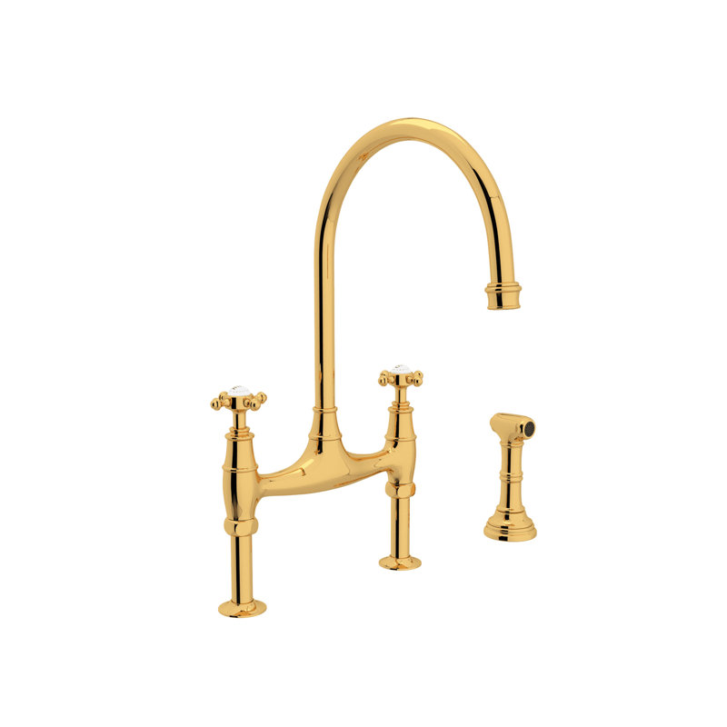 Georgian Era Bridge Faucet With Sidespray, Unlacquered Brass