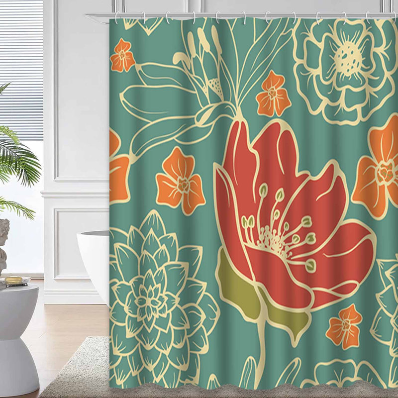 Waterproof Seamless Retro Floral Bath Vintage Lily Shower Curtain with 12 Hooks, 72" L x 78" W