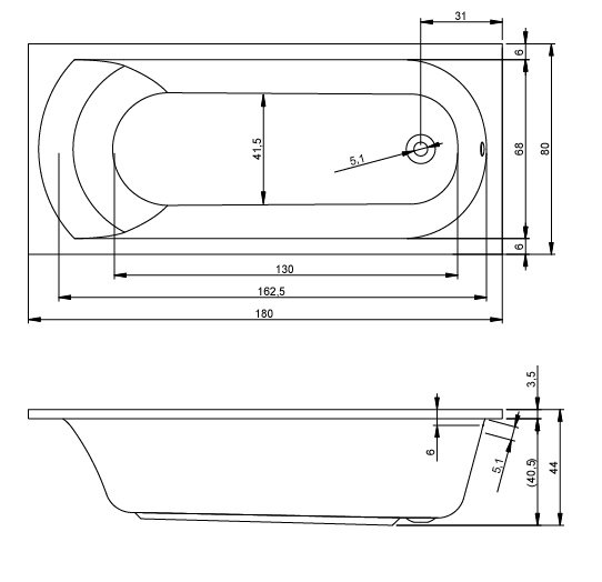 x 800mm Soaking Acrylic Bathtub, 80cm H x 190cm L x 80cm D