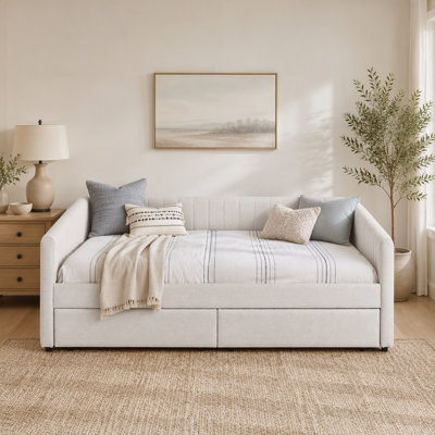 Queen Size Daybed With Two Drawers Trundle Upholstered Sofa Bed, With Vertical Stripes