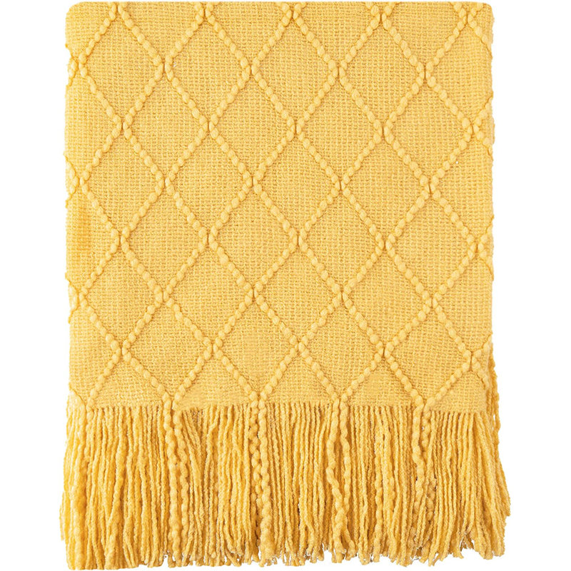  Couverture tricotée à motif de losanges, jeté de style bohème avec pampilles pour la maison, le canapé, le lit et le salon