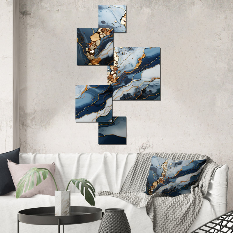 Bleu et or Marble River II - ensemble d'art mural carré en marbre 5