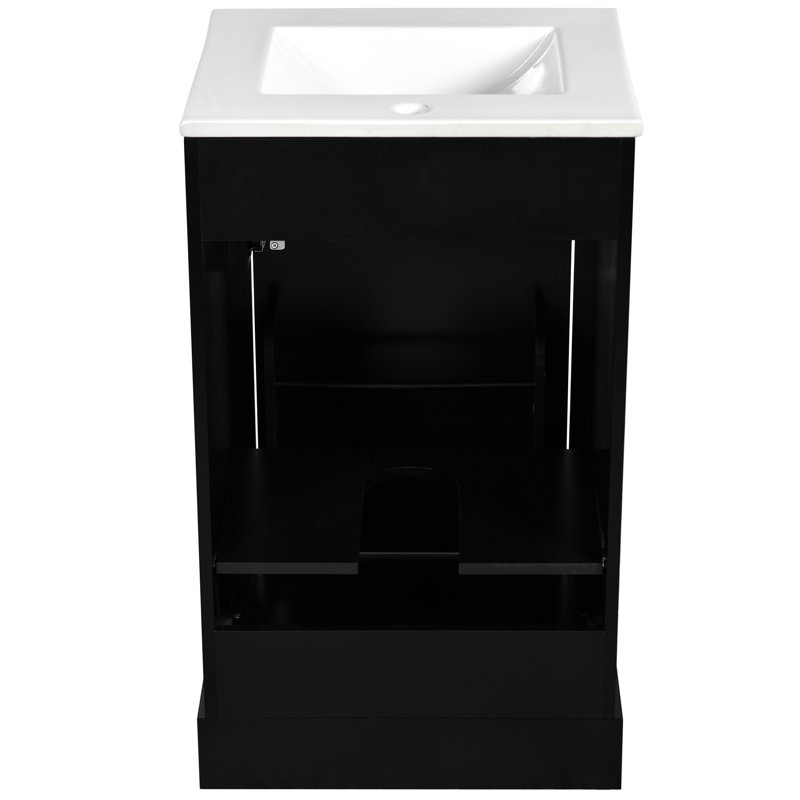 Meuble-lavabo noir de 20 pouces avec lavabo en céramique, construction et tablette réglable pour un lavabo fiable. Compact et fonctionnel. Protection contre le débordement. Porte-porte. Finition.