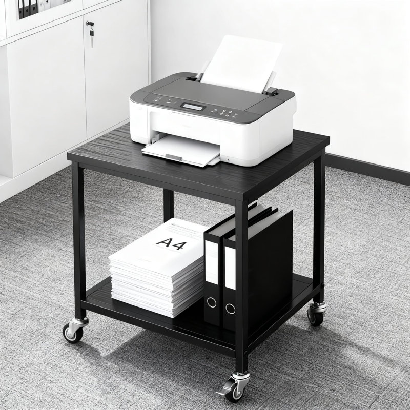 Support pour imprimante sous le bureau avec tablette de rangement, chariot mobile à 2 niveaux avec roulettes verrouillables pour le bureau et la maison, cadre en métal robuste et panneau de fibres à densité moyenne