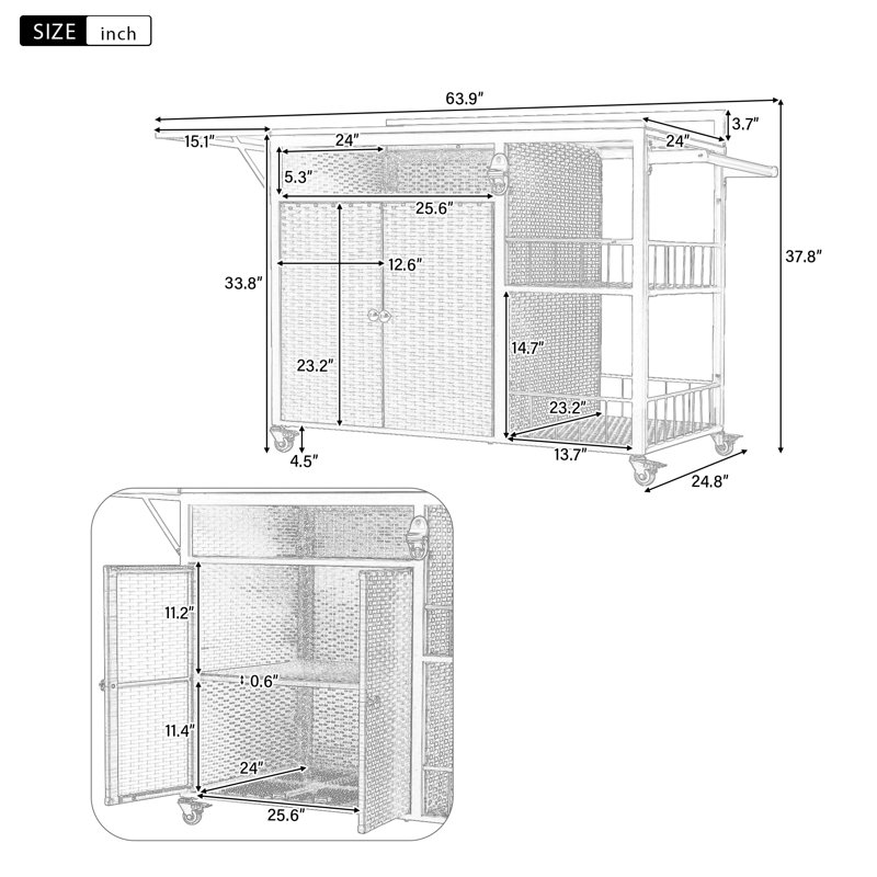Outdoor Rolling Bar Cart Kitchen Island With Storage And Foldable Side Table