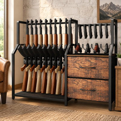 Support à armes à feu 4 en 1 pour l'intérieur - peut contenir 10 fusils et 4 armes de poing, 7 fentes pour magazines et 2 tiroirs, un rembourrage en feutre et en caoutchouc, un support de rangement pour armes à feu et un présentoir, un organisateur de matériel tactique, du métal noir résistant à la rouille