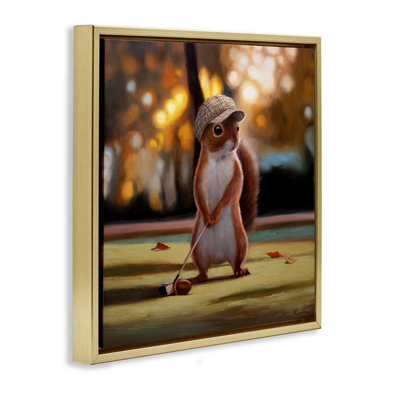Cadre flottant Golf Squirrel Squirrel, design par Lucia Heffernan, H 25 po x l 25 po, Cadre flottant métallique doré